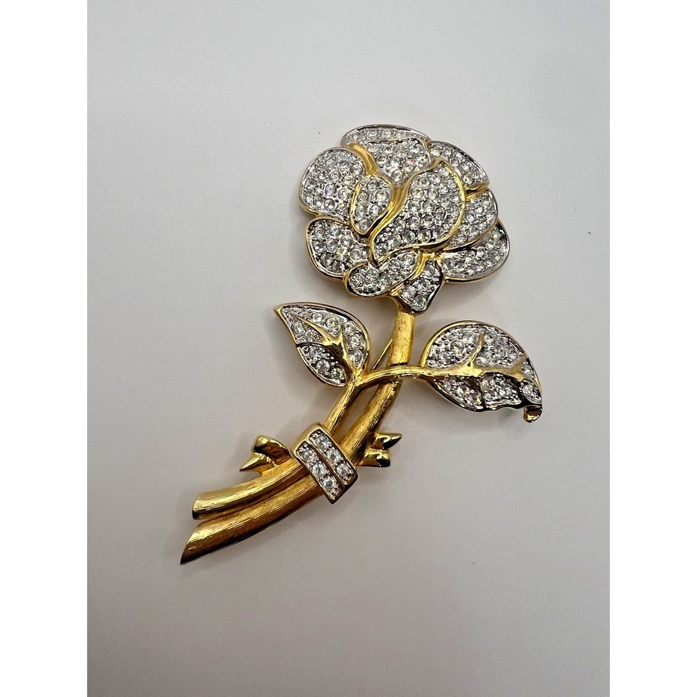 Nolan Miller Rhinestone Rose Flower Brooch Gold Signed Vintage Layered Petals